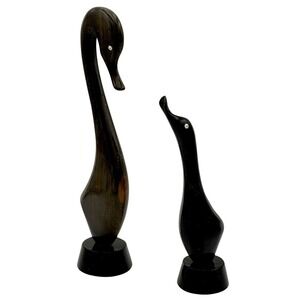 Vtg Hand Carved Mom & Baby Wooden Statue Birds Egret Swan Heron Cottage Core MCM